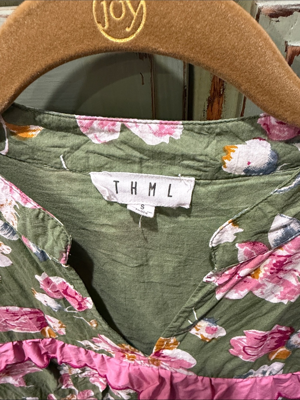 THML Olive Green Floral Pajama Top with Bright Pink Ruffle - Picture 2 of 6